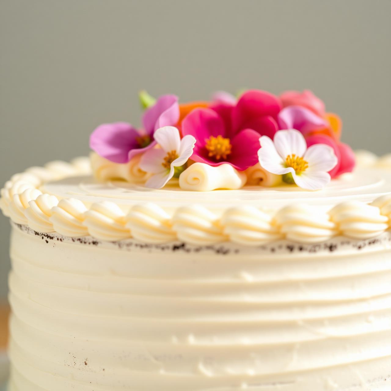 Close-up of cake with cream texture and floral topping
